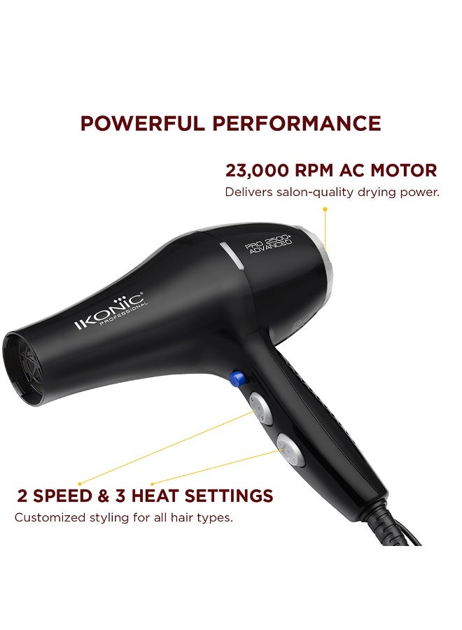 أي كونيك مجفف شعر احترافي متطور Ikonic Professional 2500+، باللون الأسود، قدرة مزدوجة 2400–2800 واط، محرك AC بسرعة 23,000 دورة في الدقيقة، تقنية الأيونات للتحكم في التجعد، 3 إعدادات للحرارة و2 إعدادات للسرعة، زر هواء بارد (Cool Shot)، فوهتان للتصفيف، حماية من ارتفاع درجة الحرارة، مناسب لجميع أنواع الشعر. - Image 3